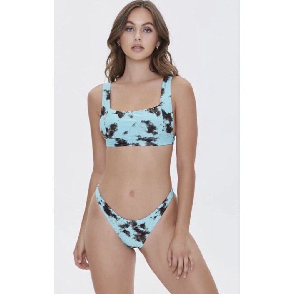 FOREVER 21 Women’s Juniors Cheeky Tie Die Blue Bikini Set Size Medium